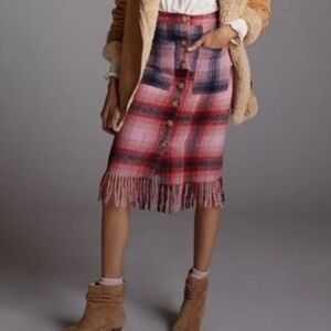 Anthropologie Skirt Maeve Women's 0 Pink Plaid Wool Fringe Boho Southwestern